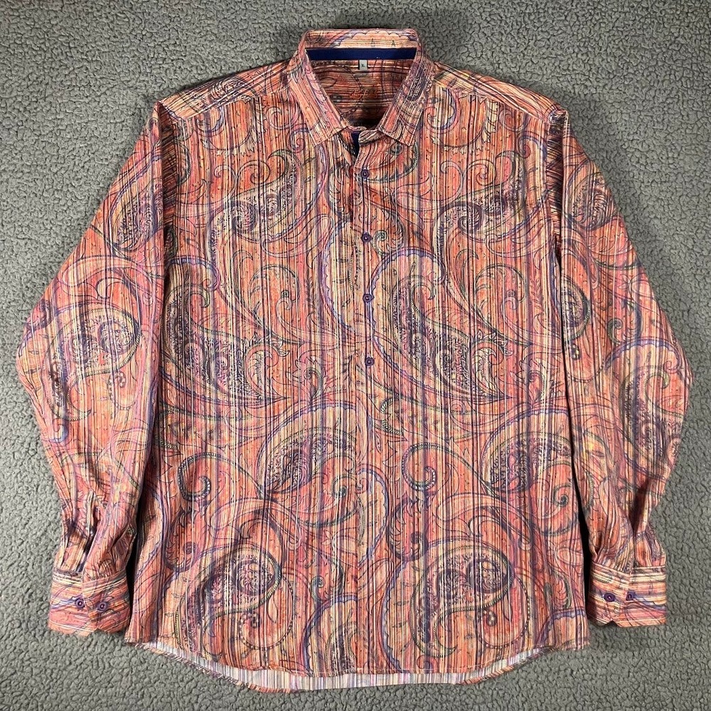 Paisley Cotton Modal Button Down Shirt Orange Purple XL Made in Portugal